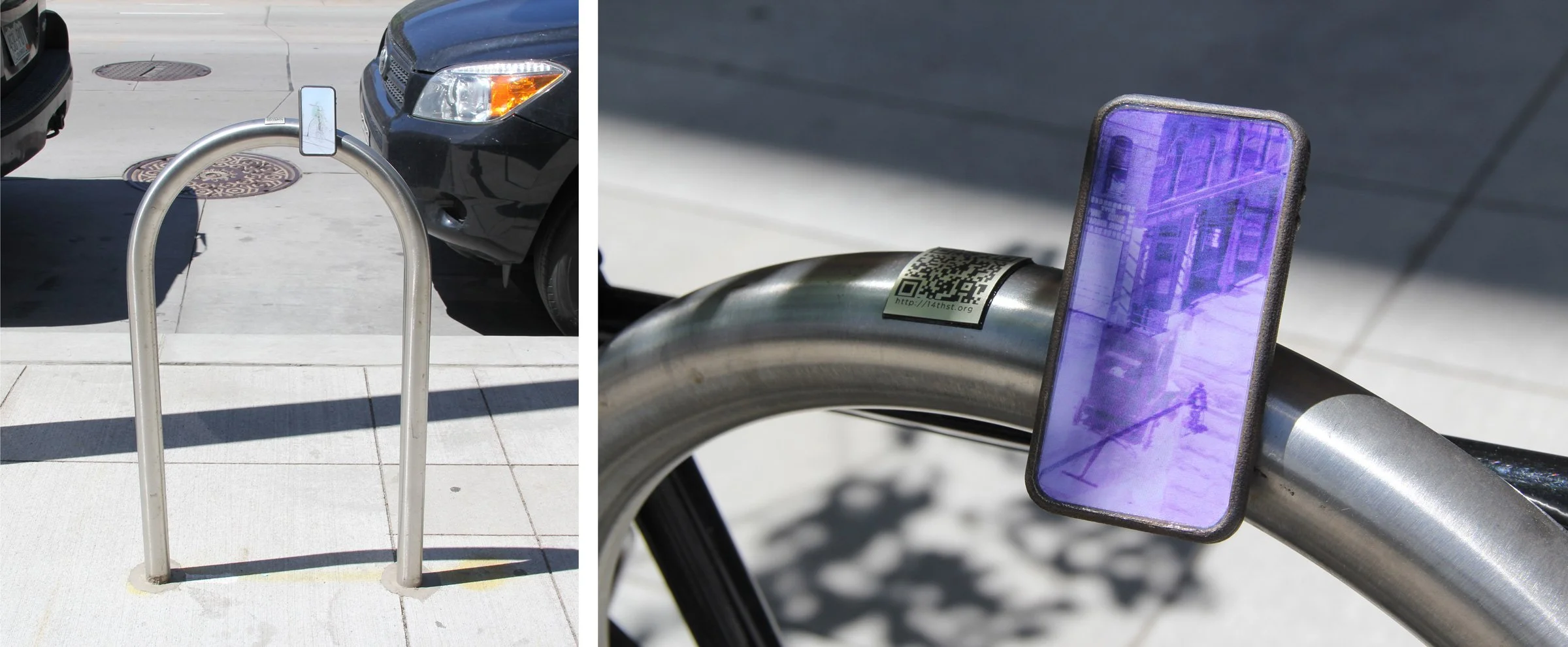 A smartphone mounted to a bike rack reveals the same streetscape from 7 different eras 
