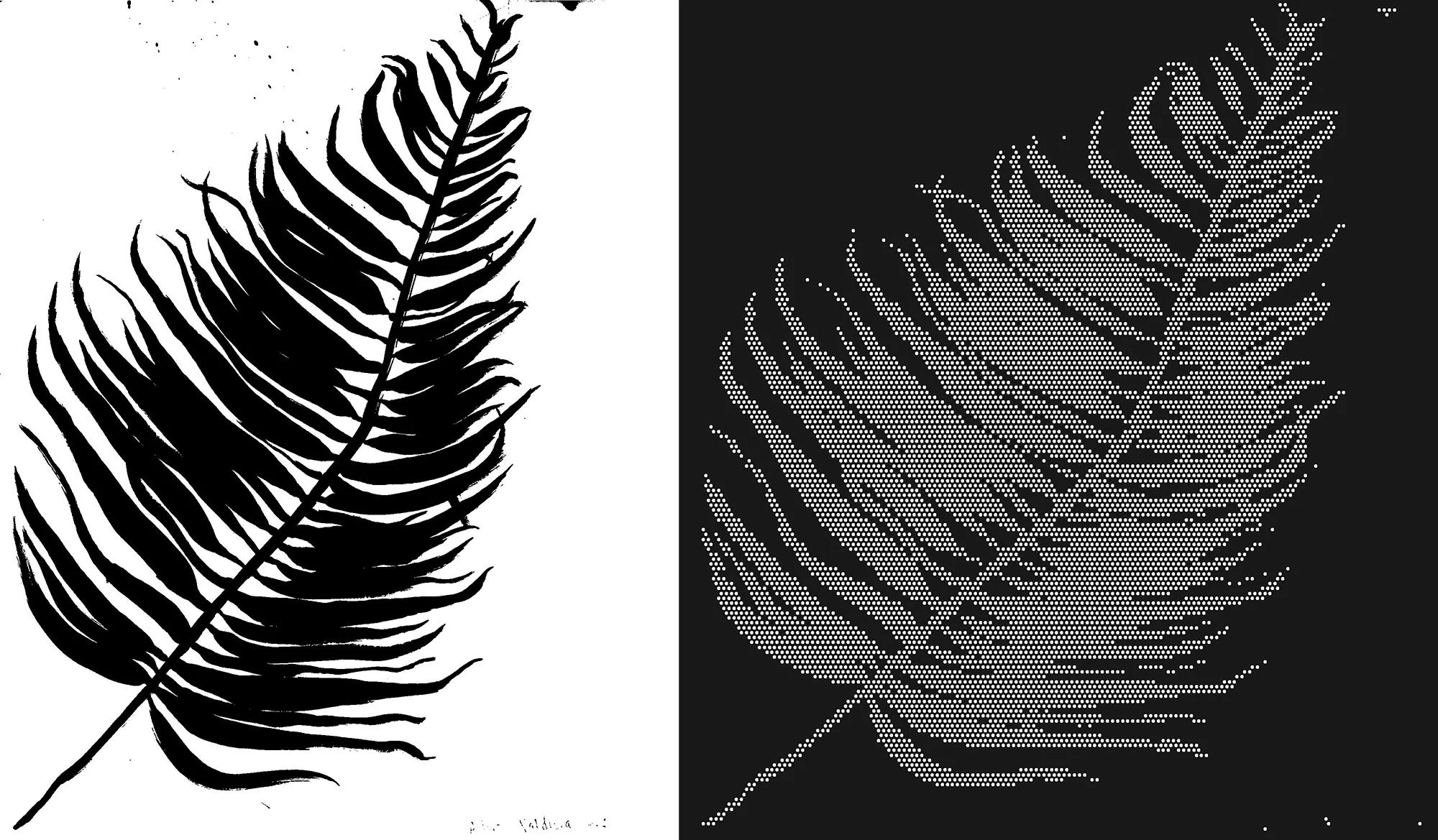 Student drawings on the left, dot pattern cut out of panels on the right.
