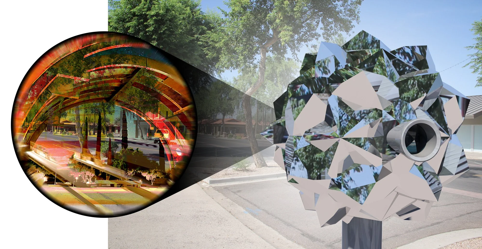 The streetscape view is augmented with a film slide. In this case architectural spaces of  the internationally famous but local to Arizona, Palo Soleri. The overlays might changed over time with events or the seasons.