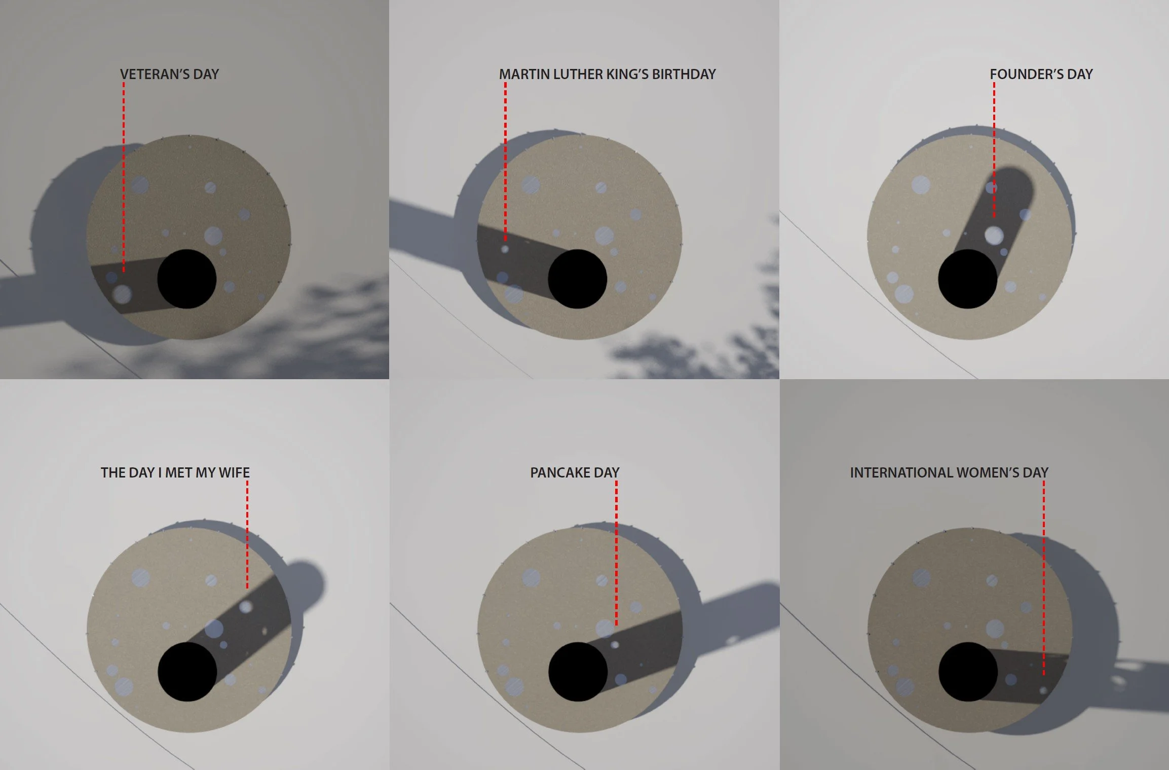 A sequence showing the progression of the sun, casting light through the apertures onto the glass disks embedded in the bench.