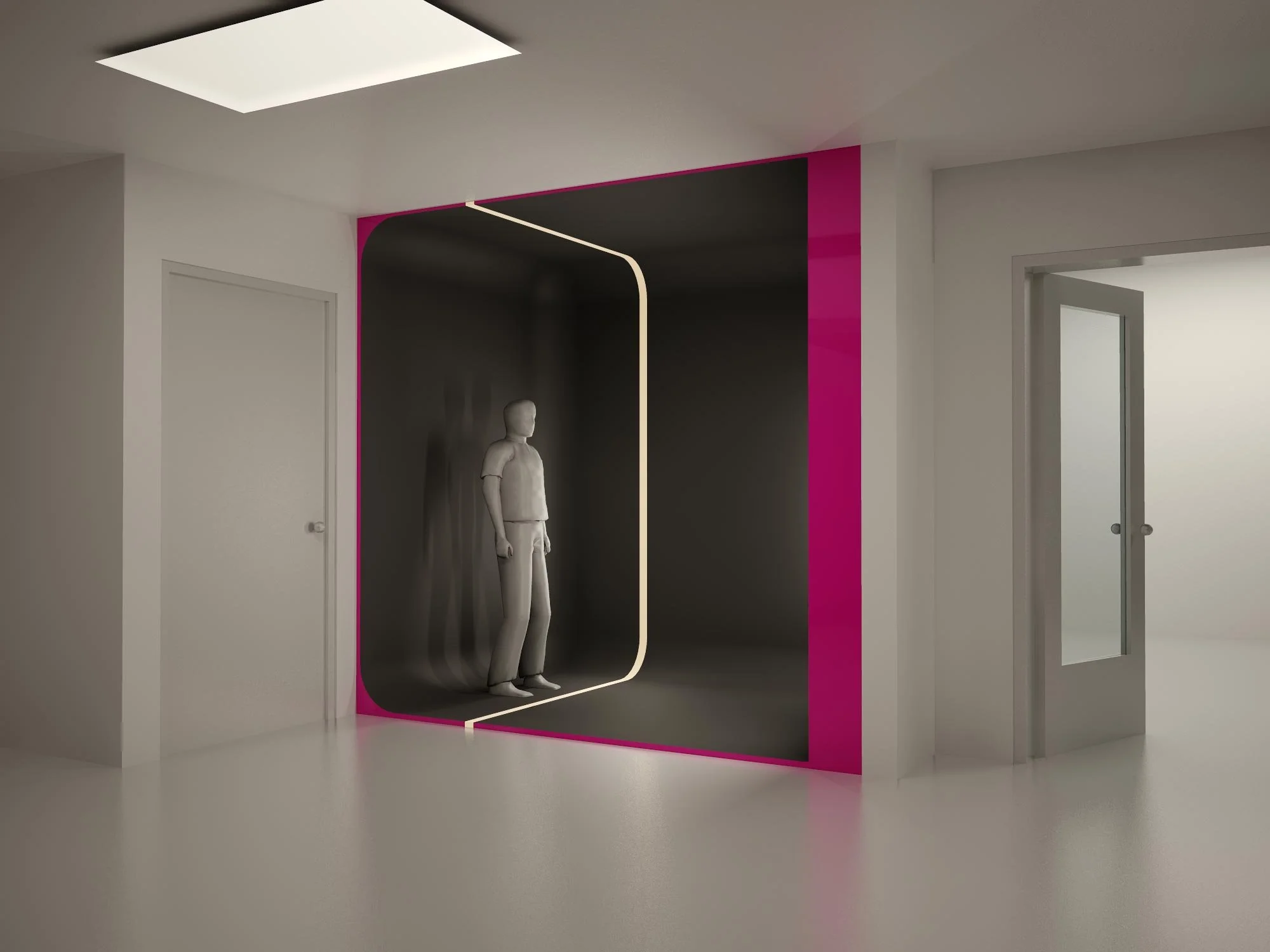 The ‘photobooth’ is in the corner of the space, but visible from the waiting room. Anyone can make a simple 15 second video of themselves. However, they have to stand reasonably still, or the tracking software will not capture them. A little like the