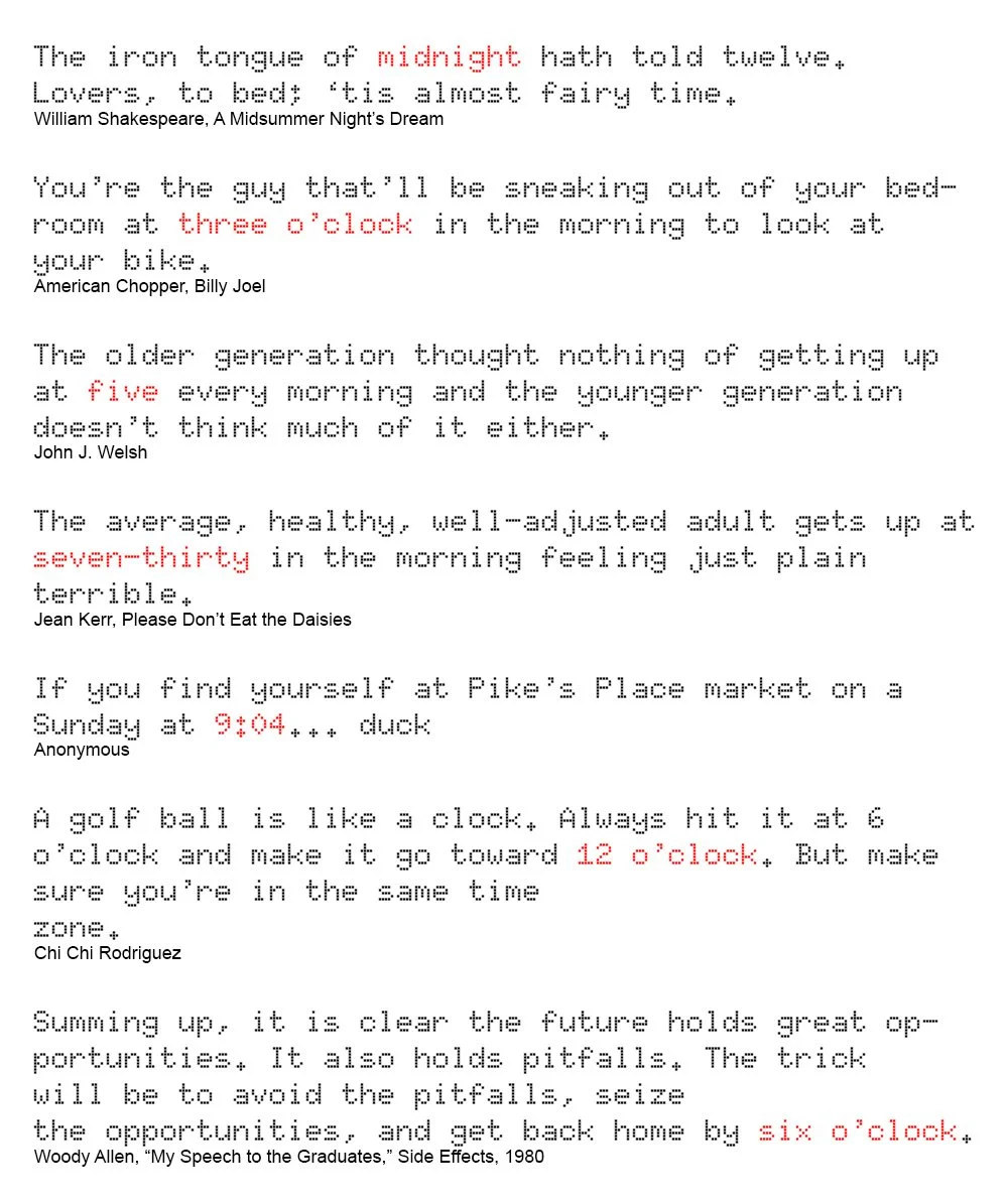 Examples & variations of quotes and sayings that are used to tell the time on the clock.