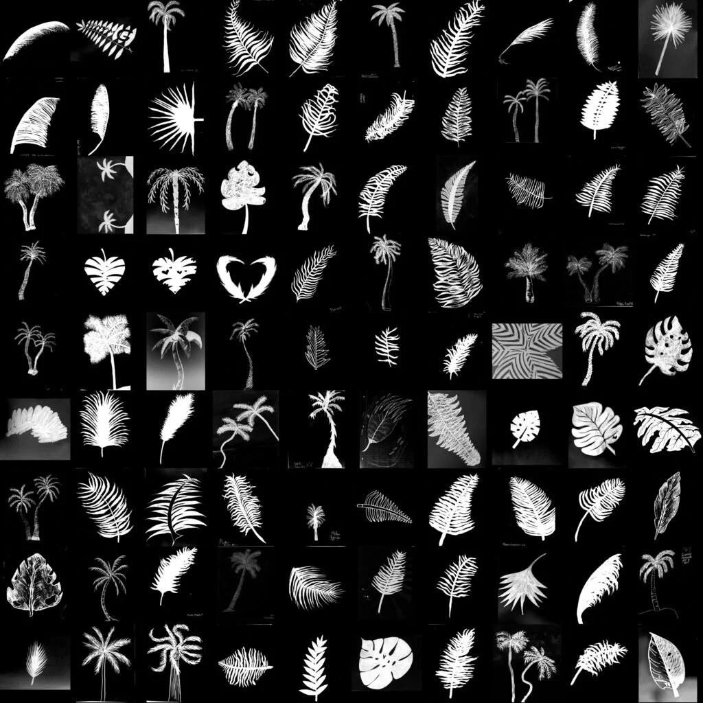 Working with high school students in Indio from 3 different schools, we asked them to draw palm trees, palm leaves in black and white to be used on the shade-structure.