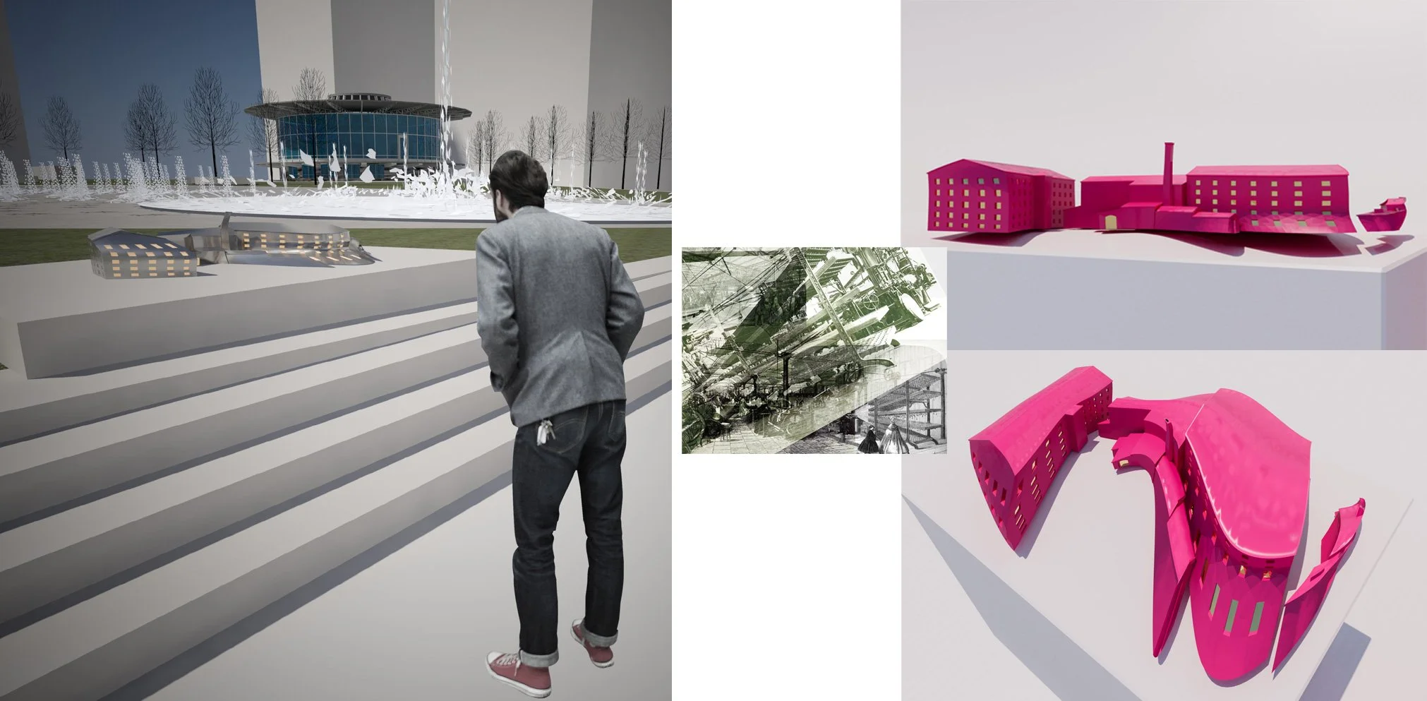 Dating to the late 19th century, Calcutta Mills is situated about 7 miles away from the site in Frankford and was a major site of industrial production. Looking inside the sculpture you can see a kaleidoscopic images of activity.