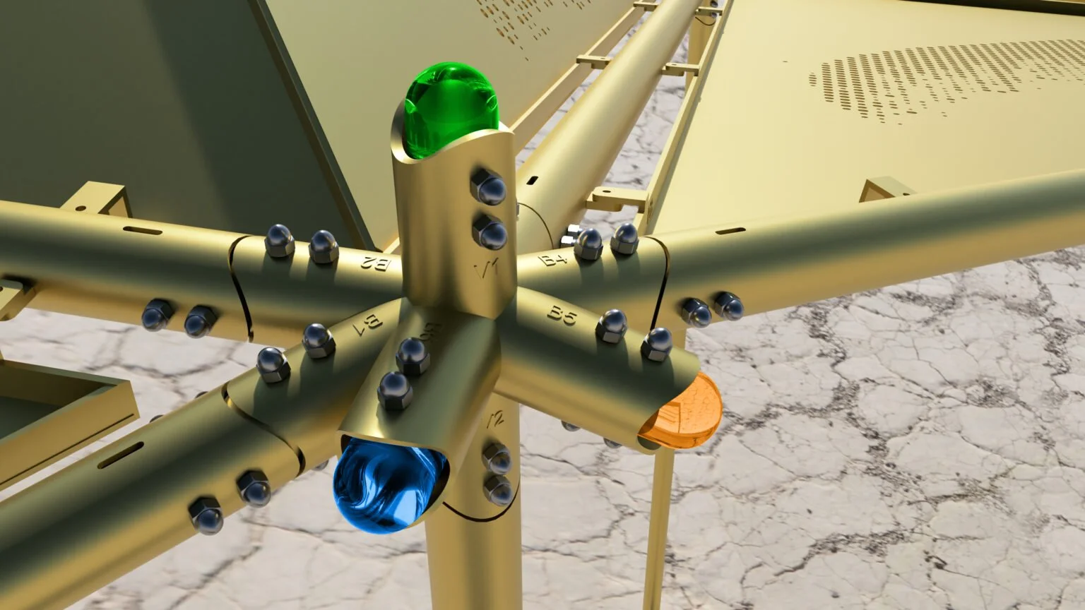 The core of the design is a ‘Universal Connector‘. Only one connector is used for all the pavilions. The same node is used upside-down, turned 180 degrees, flipped, throughout the design.