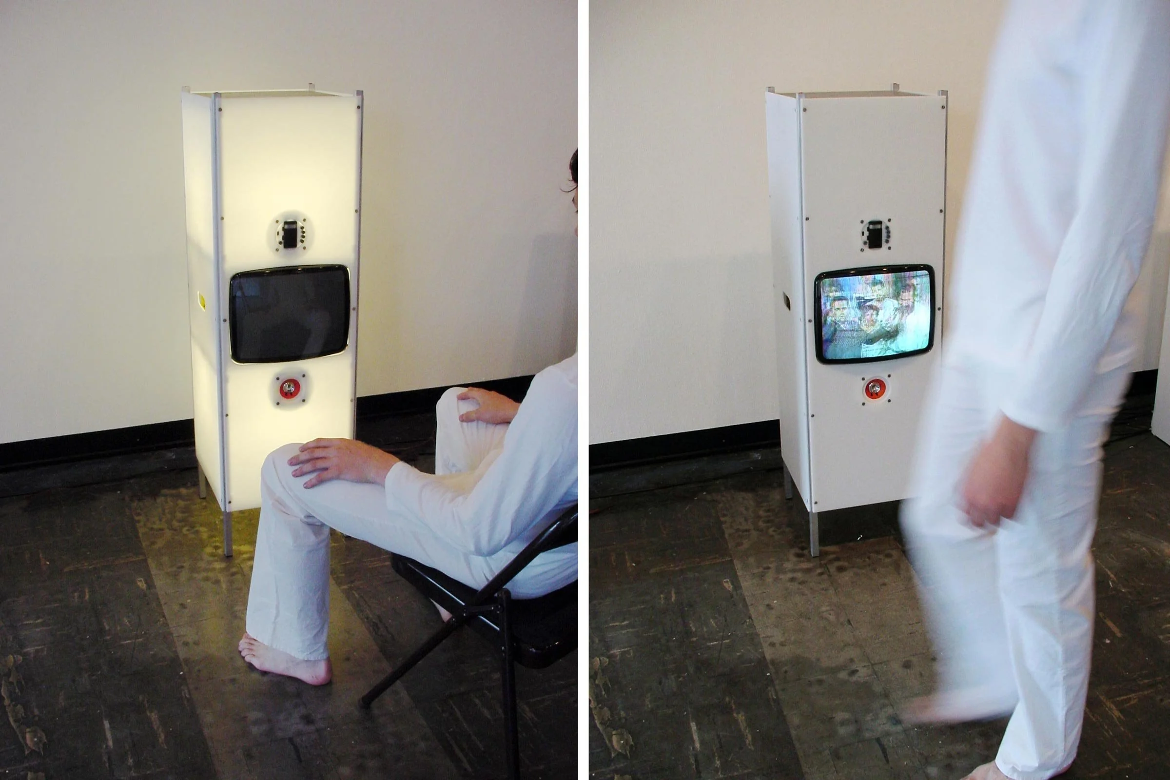 Lazy, 2003, 13" CRT, electronics, acrylic, aluminum, LEDs.

TV only stay on as long as you are active in front of it. TV turns off and becomes a lamp when you stop moving.