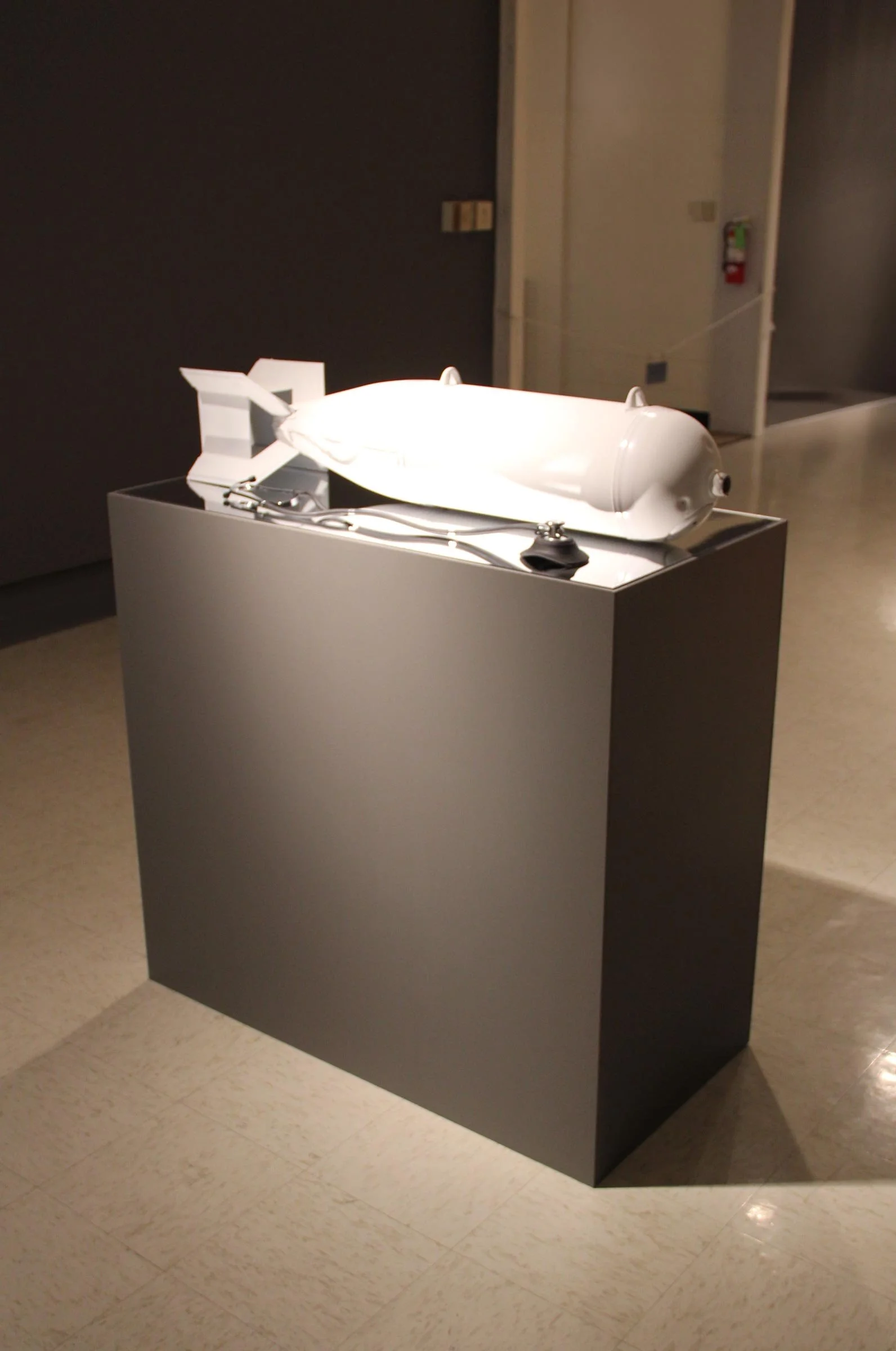 "patience"
54" x 18" x 46"
WWII test bomb, stethoscope, silicone, plastic, electronics.
Inside the bomb you can faintly hear someone singing "Hard Time Killing Floor Blues" by Skip James.
2011