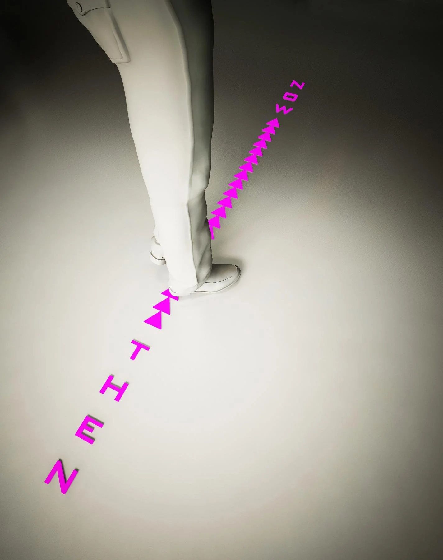 Cast metal ‘path’ cut into the flooring indicating ‘past’ and ‘present’. Depending on where people stand on the line, video-clips are shown at that time period. If people just casually walk by, the screens just show a slow ‘blur’ to as not to distrac