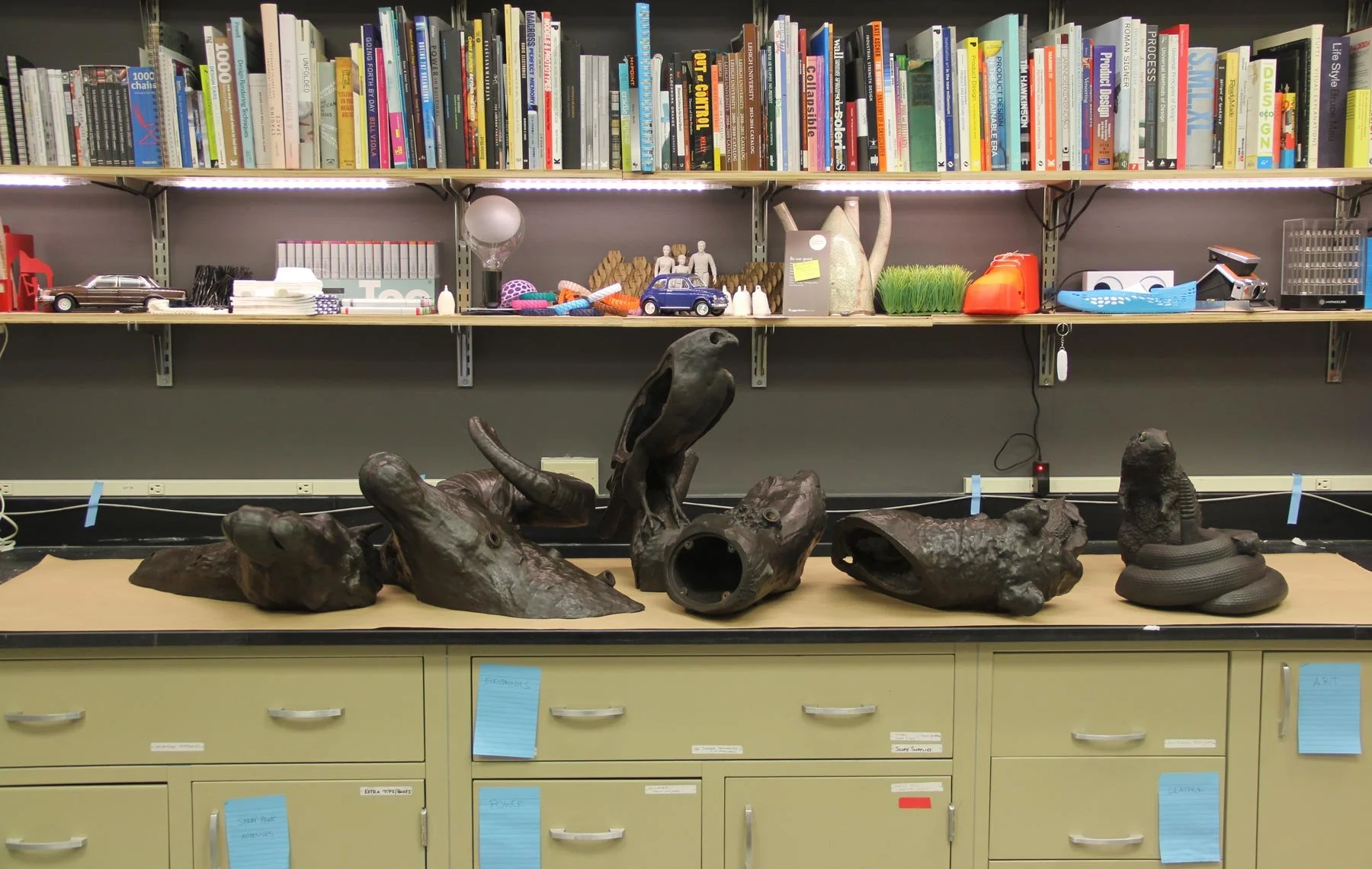 All the bronze castings after having a patina applied.