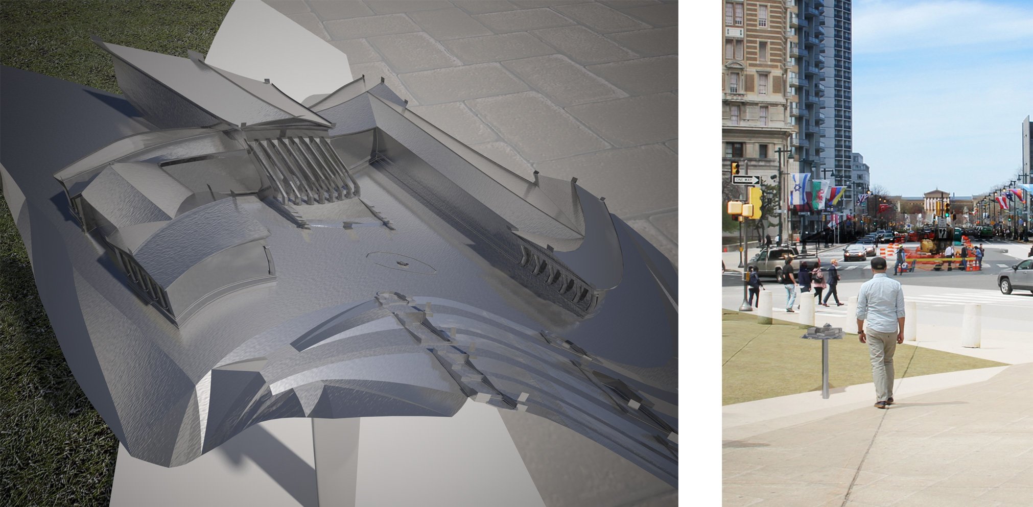 The Philadelphia Museum of Art is visible from Love Park down the long axis of Benjamin Franklin Parkway. By standing in the right spot you can superimpose the small sculptural representation over the actual building in the distance.