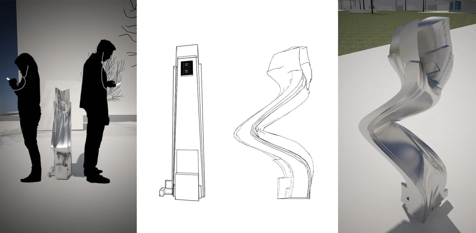 Comcast tower is significant element of the Philadelphia skyline. Here the building has been reduced in size, anamorphically warped, and turned into a free public phone charger.