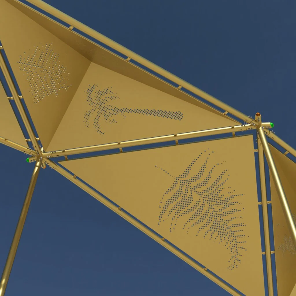 The drawings were turned into dot-patterns that were laser-cut from the panels.