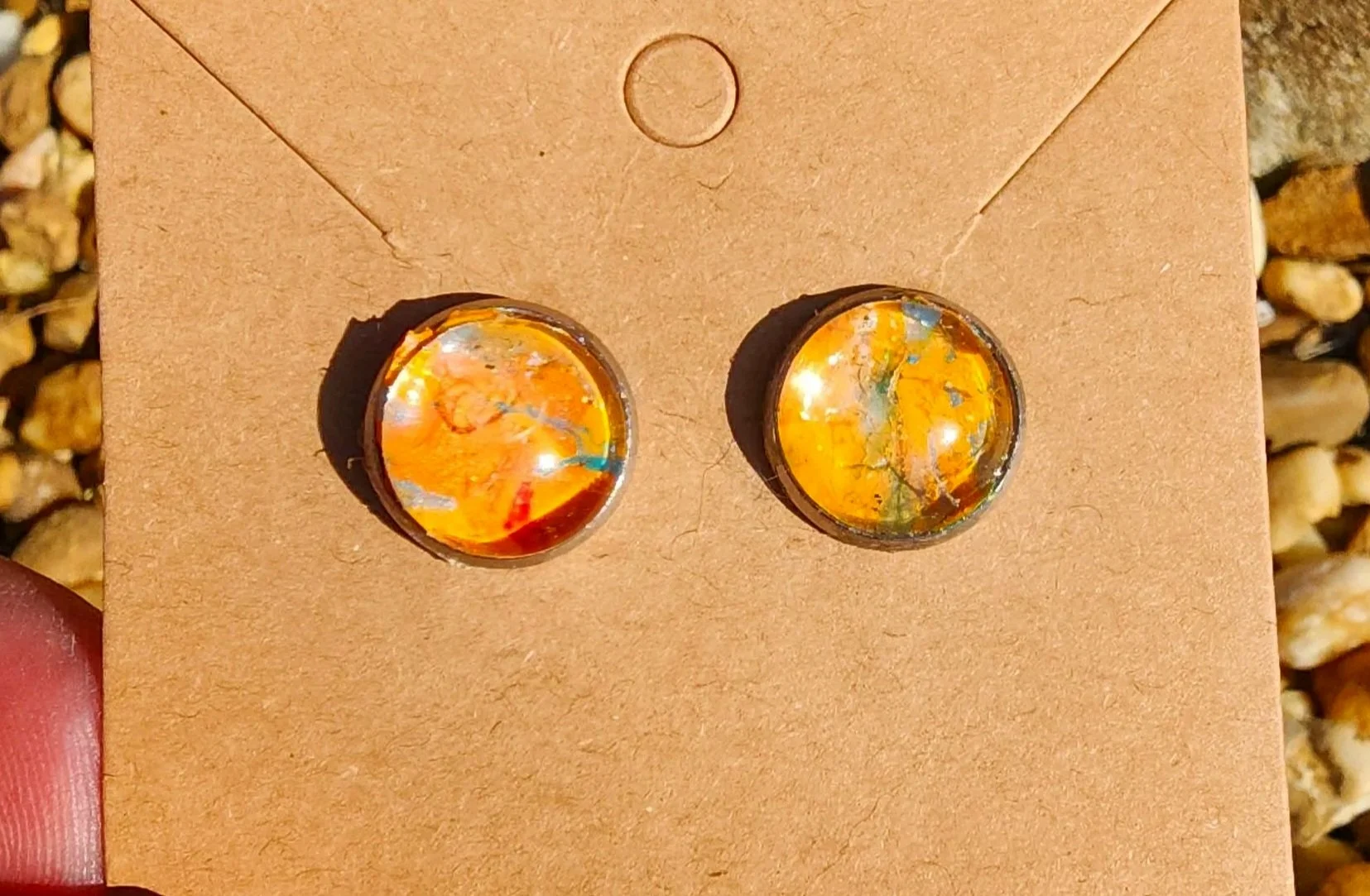 Post earrings- orange with red & blue