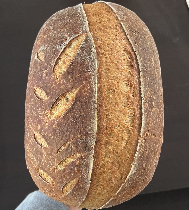 A loaf of brown crusty bread with slashed patterns on top, held above a dark background.