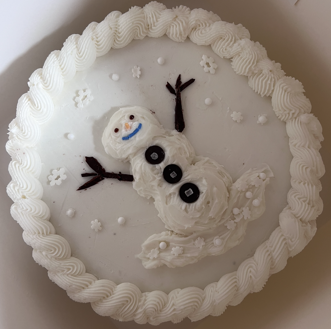 A round snowman-shaped cake with a piped white icing border, decorated with a smiling snowman figure made of icing, black button decorations, and branch-like arms made of chocolate, set on a white background.