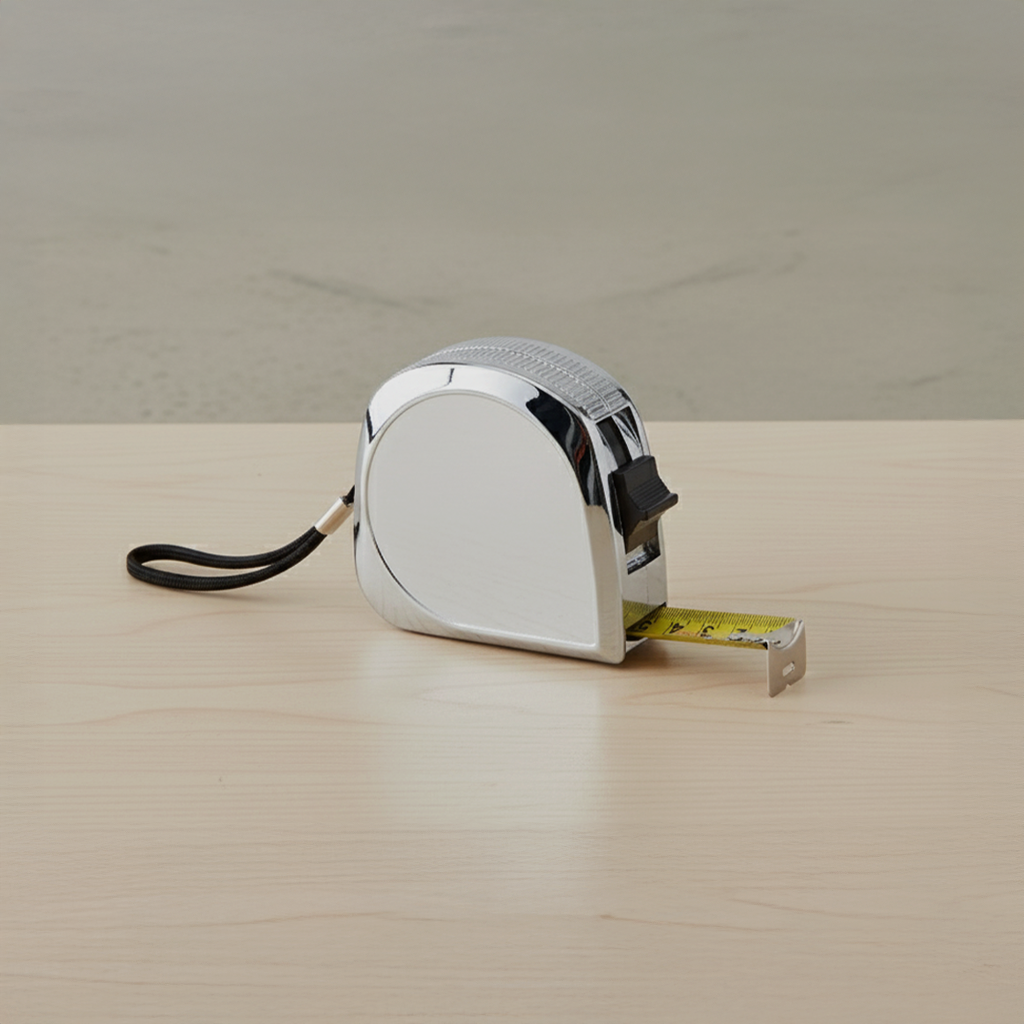 A silver retractable tape measure on a light wooden surface with a neutral background.