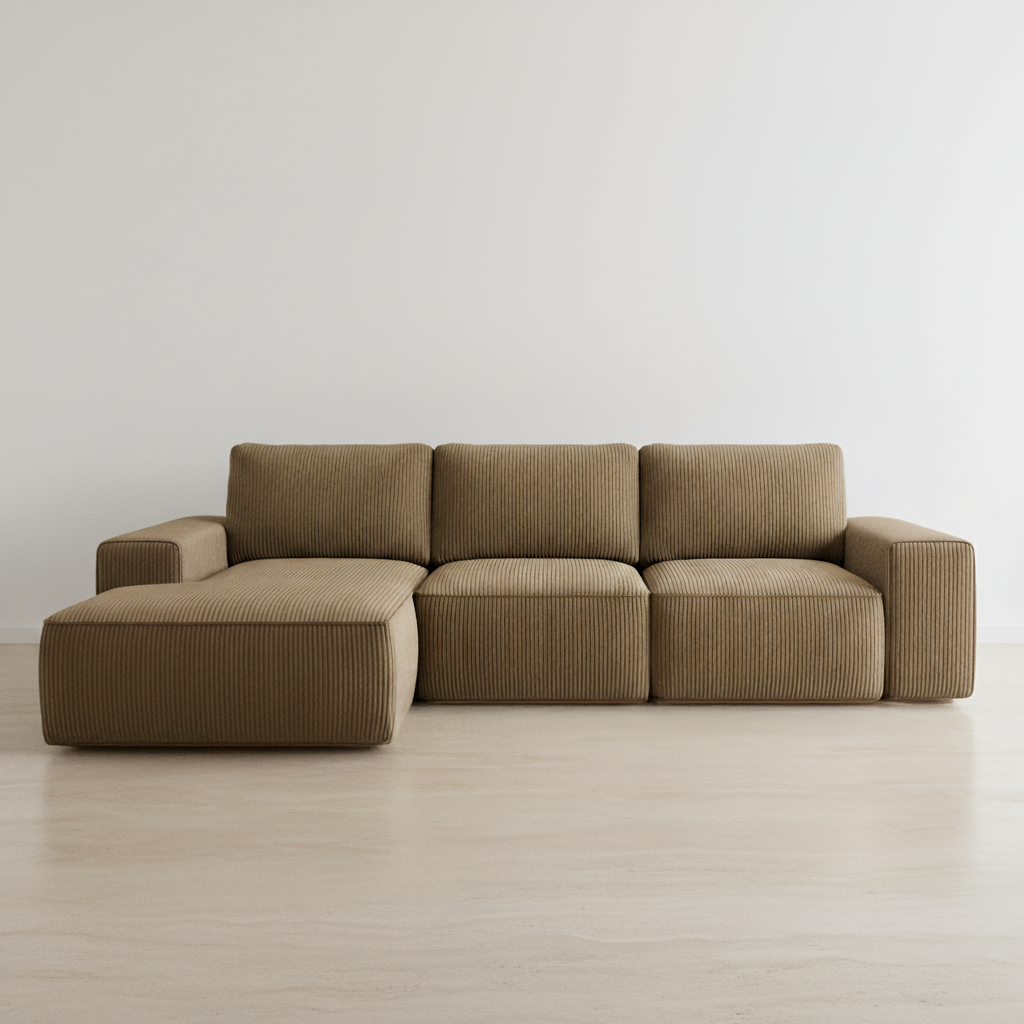 A beige sectional sofa with three cushions and a chaise lounge on the left, placed against a plain white wall on a light wood floor.