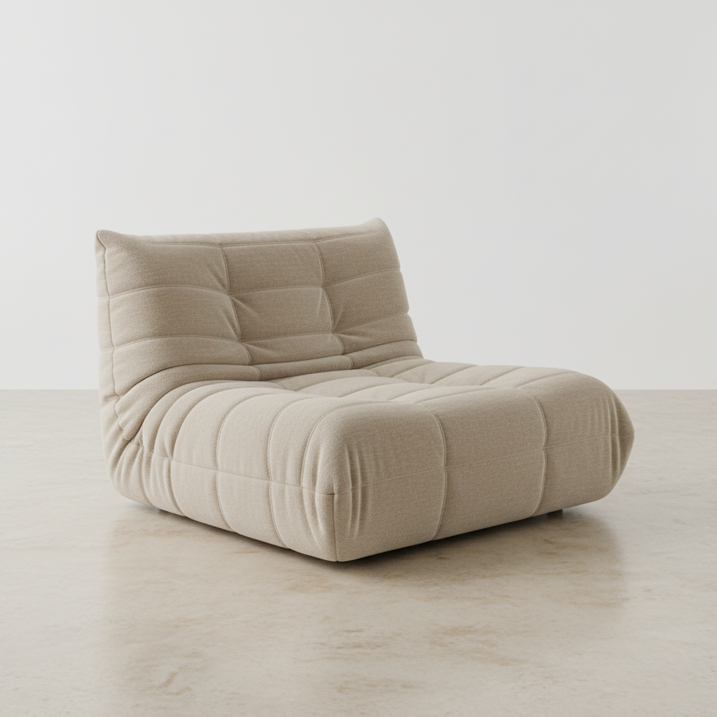 A beige, padded, tufted lounge chair with a modern, cushioned design, placed on a light-colored floor against a plain white wall.