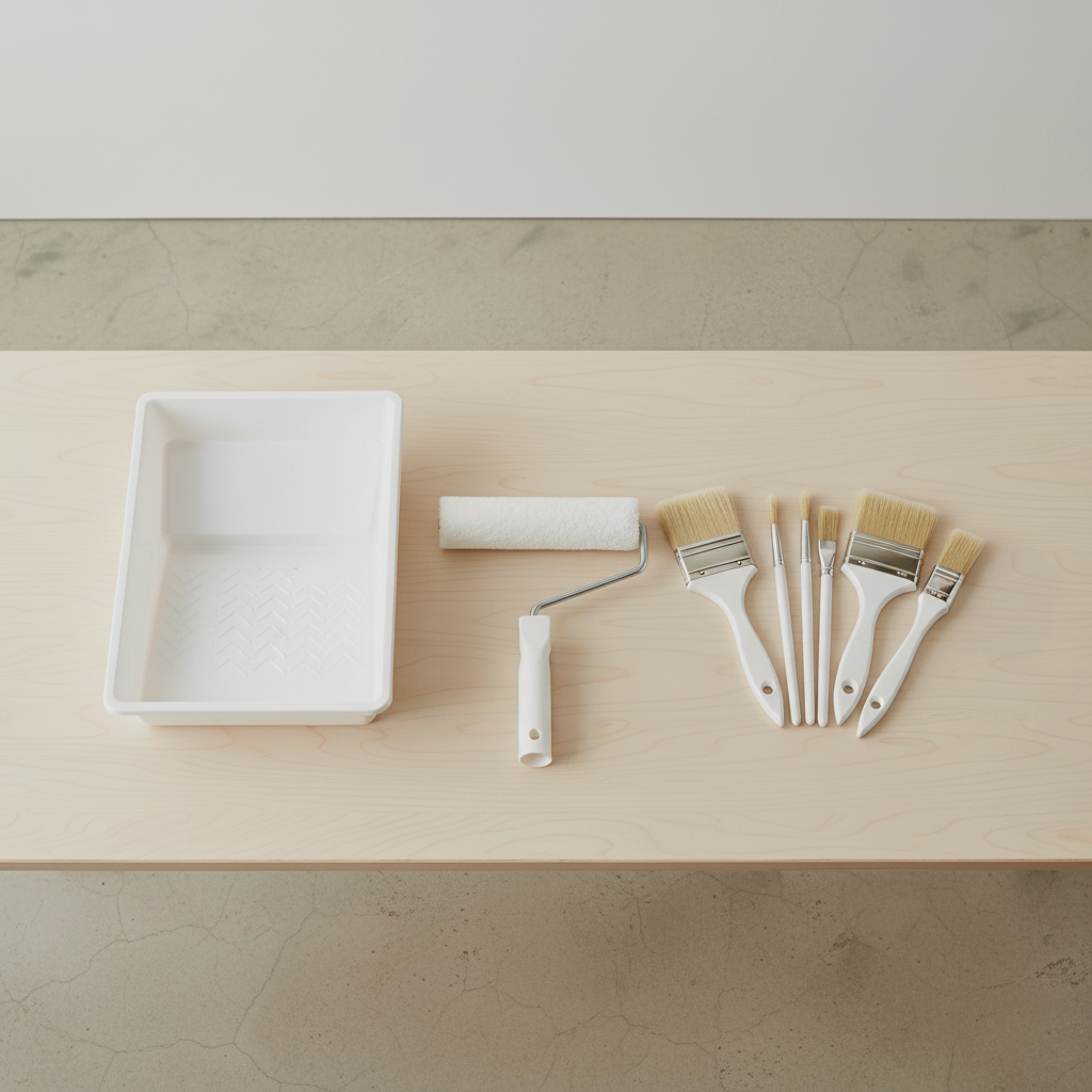 Painting supplies on a light wooden table, including a white paint tray, roller, and five different-sized paint brushes