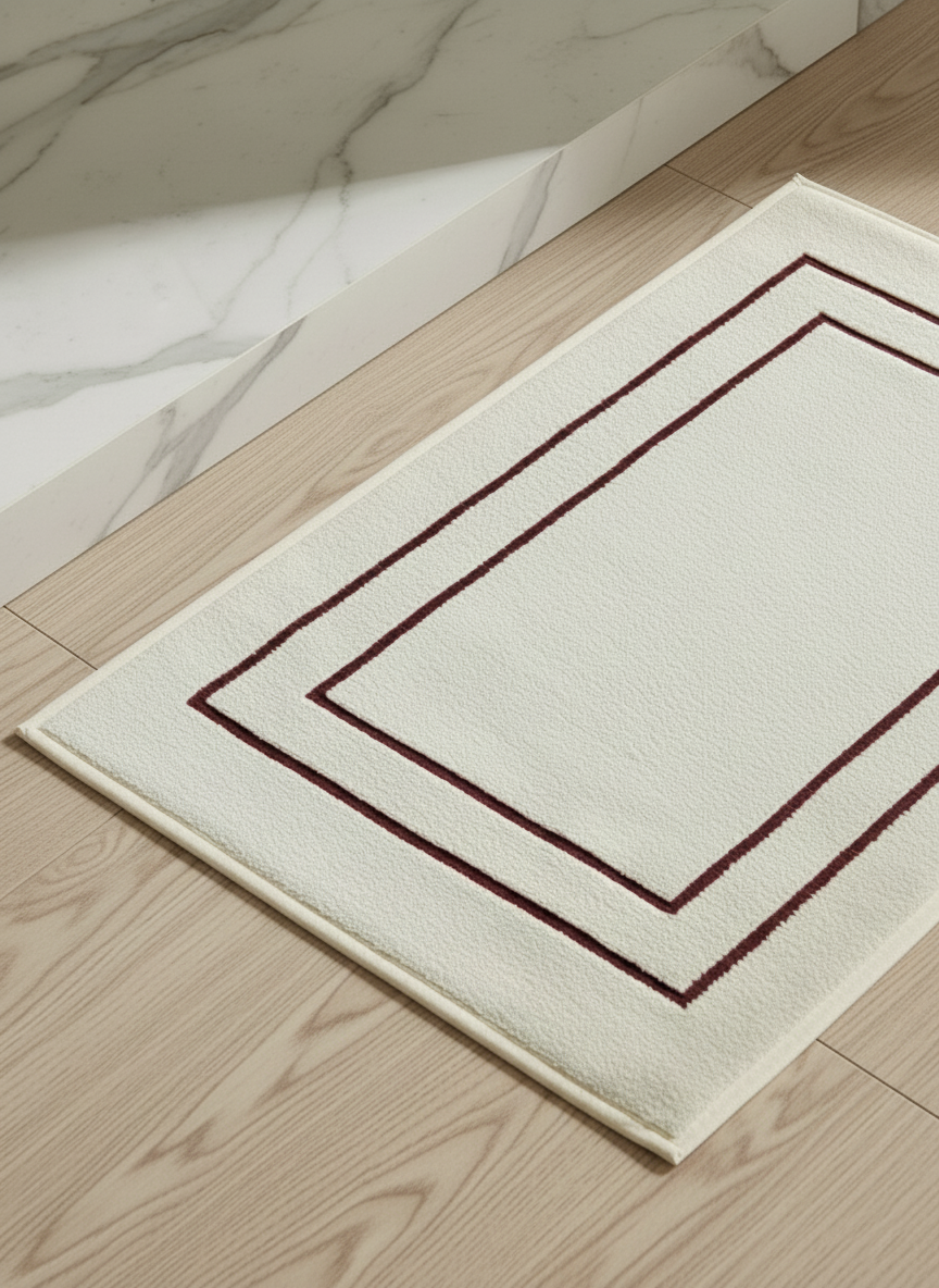 Close-up of a white area rug with maroon border patterns on a light wood floor next to a marble-tiled wall.