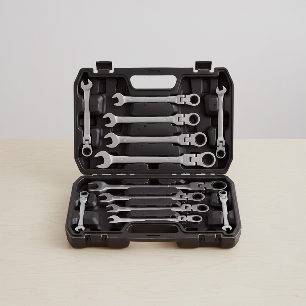 A set of open wrench tools in a black plastic tool case on a light wooden surface.