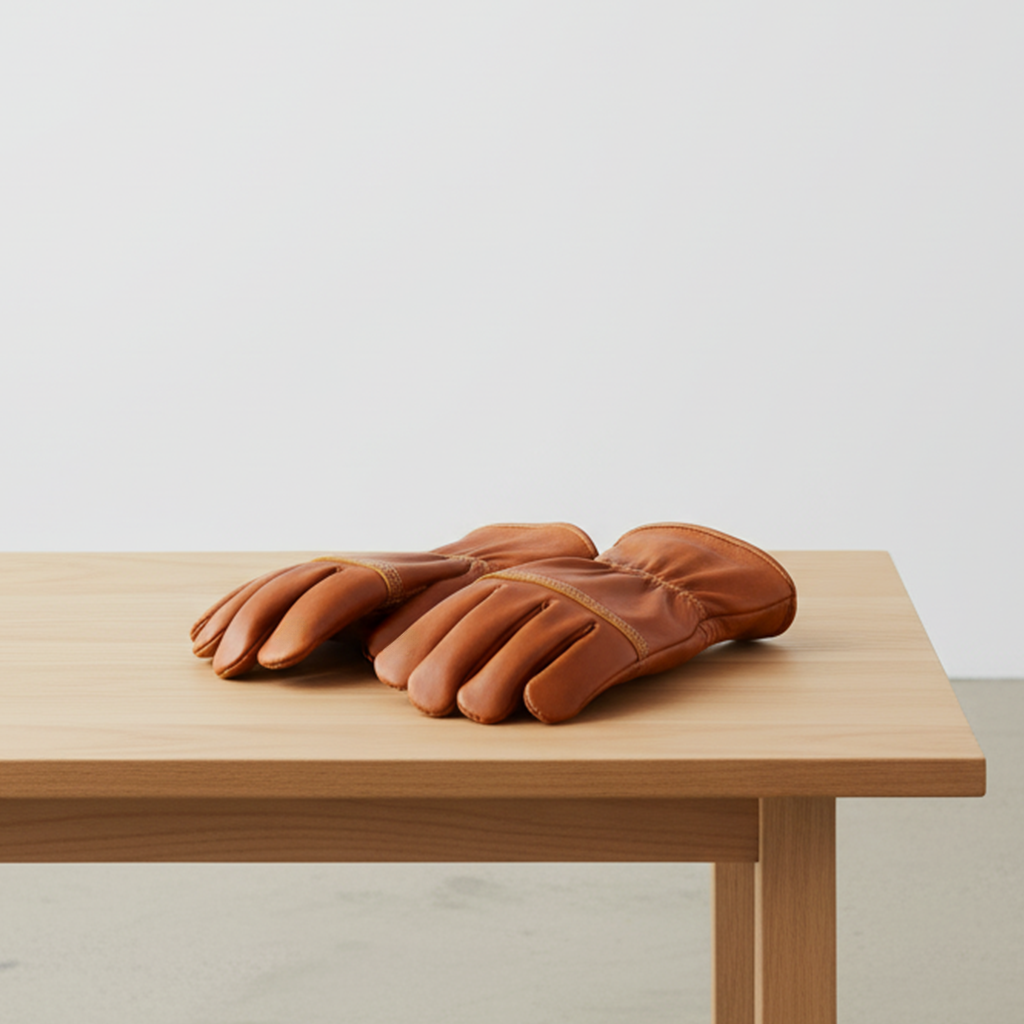 A pair of brown leather gloves placed on a light wooden table against a plain white wall