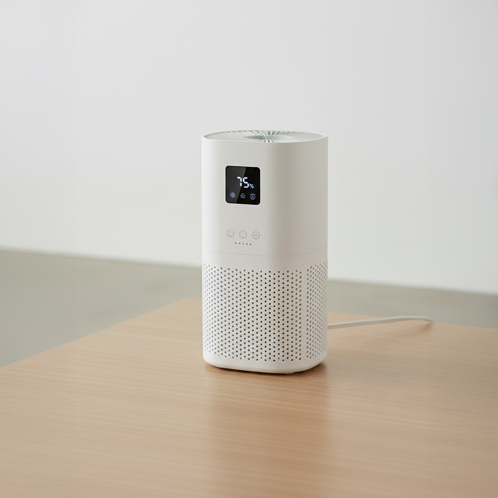 White air purifier with digital display showing 75% on a light wood table against a plain white wall.