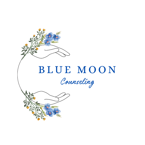 Logo for Blue Moon Counseling featuring two outlined hands with floral decorations and blue flowers, with the text 'Blue Moon Counseling' in blue.