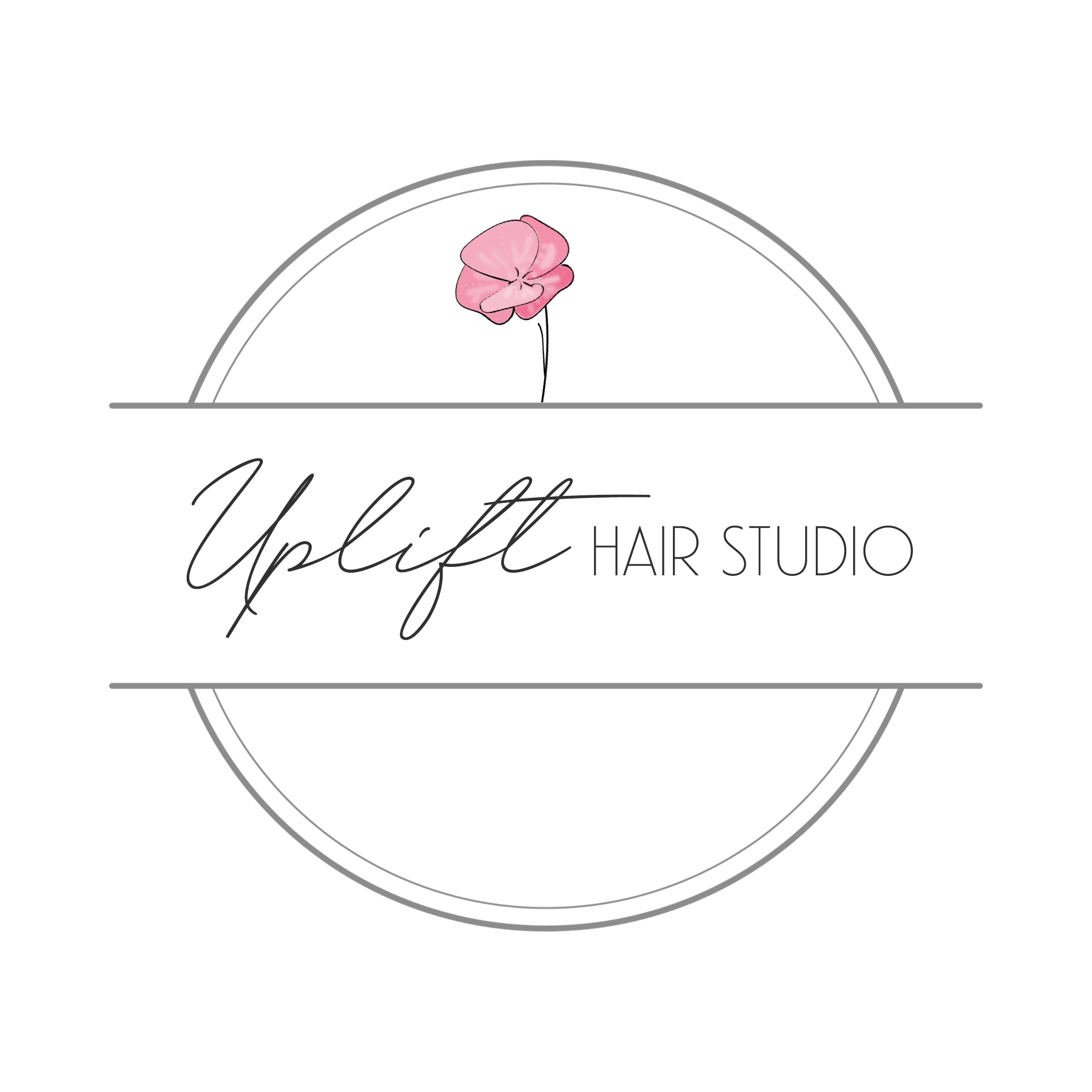 Logo for Uplift Hair Studio featuring a pink flower, with the name 'Uplift' in cursive and 'Hair Studio' in sans-serif, enclosed in a circular and horizontal line design.