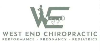 Logo for West End Chiropractic featuring a stylized 'W' and 'E' with a person silhouette and spinal illustration, along with the text 'West End Chiropractic' and services 'Performance, Pregnancy, Pediatrics'.