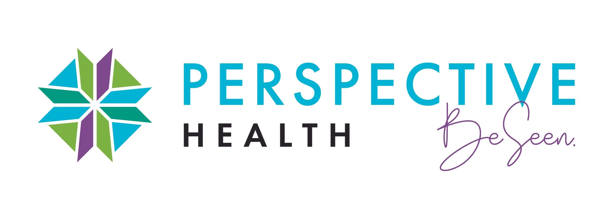 Logo for Perspective Health, featuring a geometric flower design in blue, green, and purple, with the text "PERSPECTIVE HEALTH by Seen" in blue, black, and purple fonts.