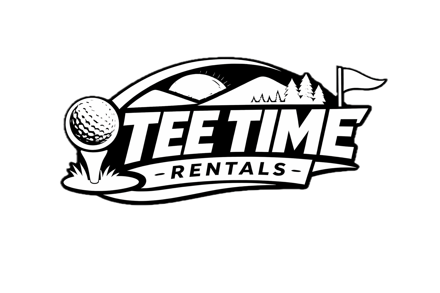 Logo for Tee Time Rentals featuring a golf ball on a tee, mountains, trees, a flag, and a sun