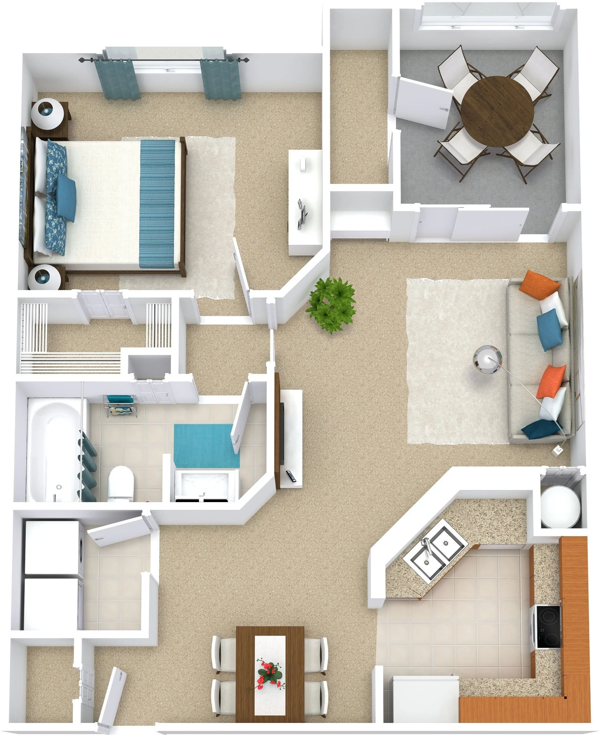 floor plan with one bedroom, one bathroom, living area, dining area, and kitchen