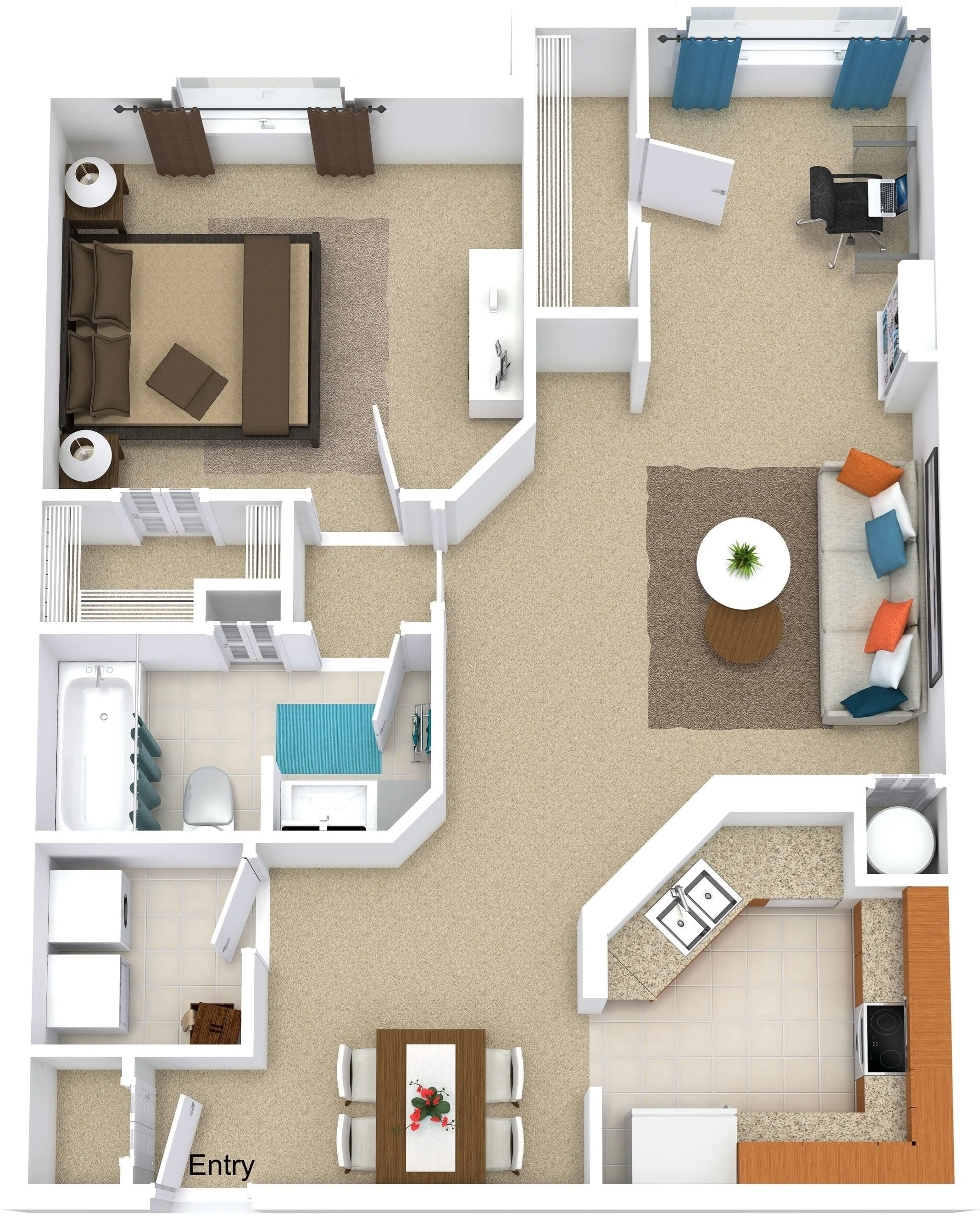 floor plan with one bedroom, one bathroom, living area, dining area, and kitchen and 795 square feet