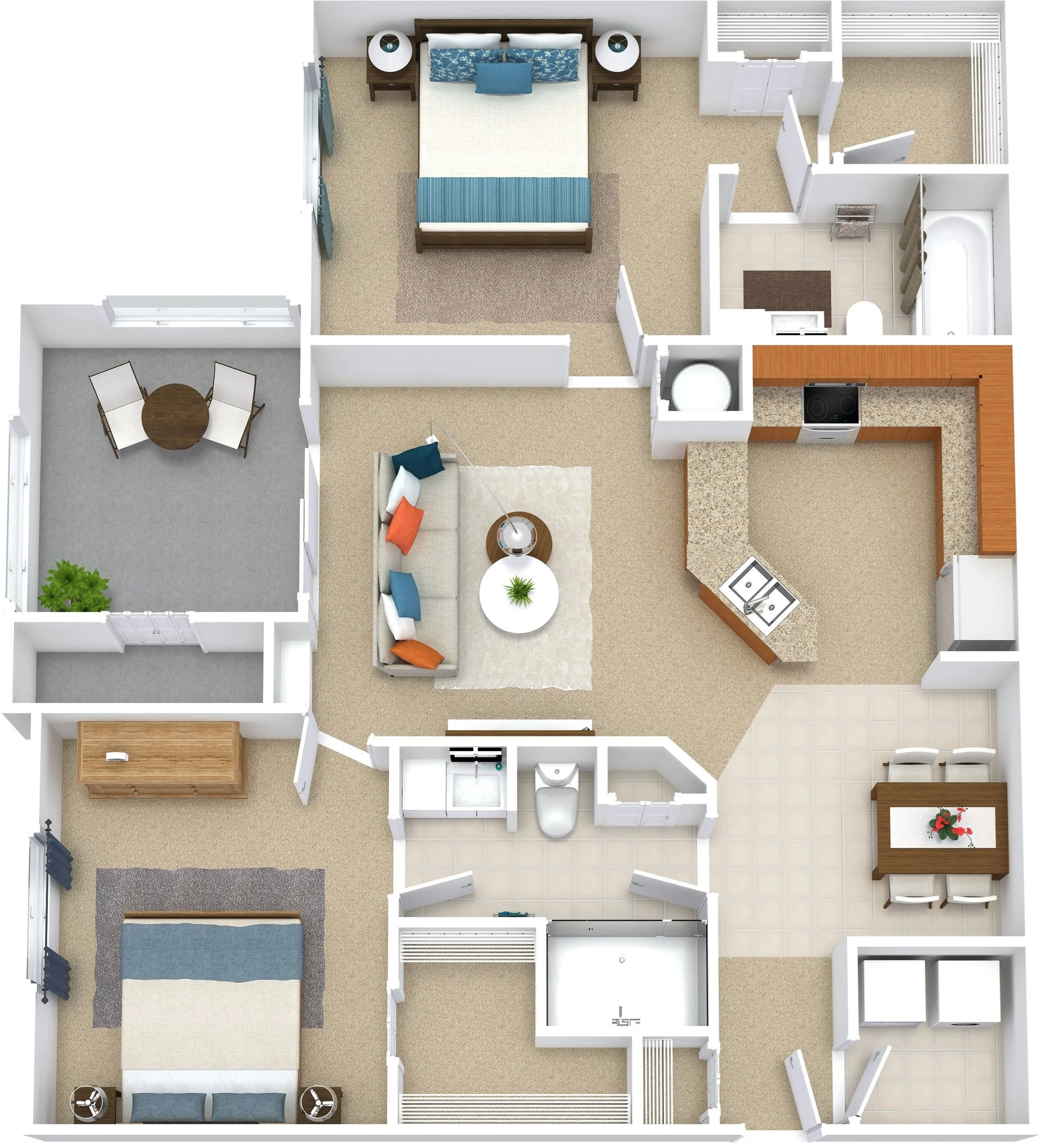 floor plan with two bedrooms, 2 bathrooms, living area, dining area, and kitchen and 962 square feet