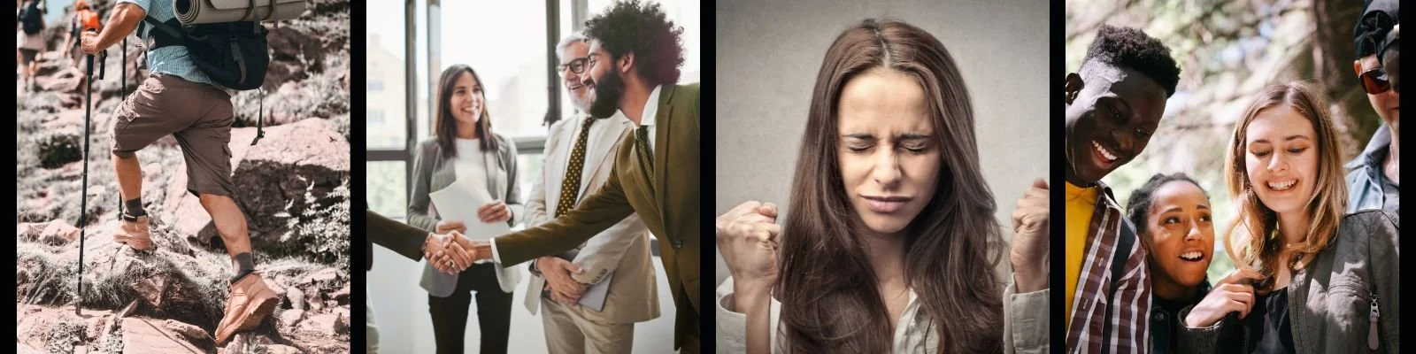 four images, Male hiking, group shaking hands, woman holding in anger, a group smiling
