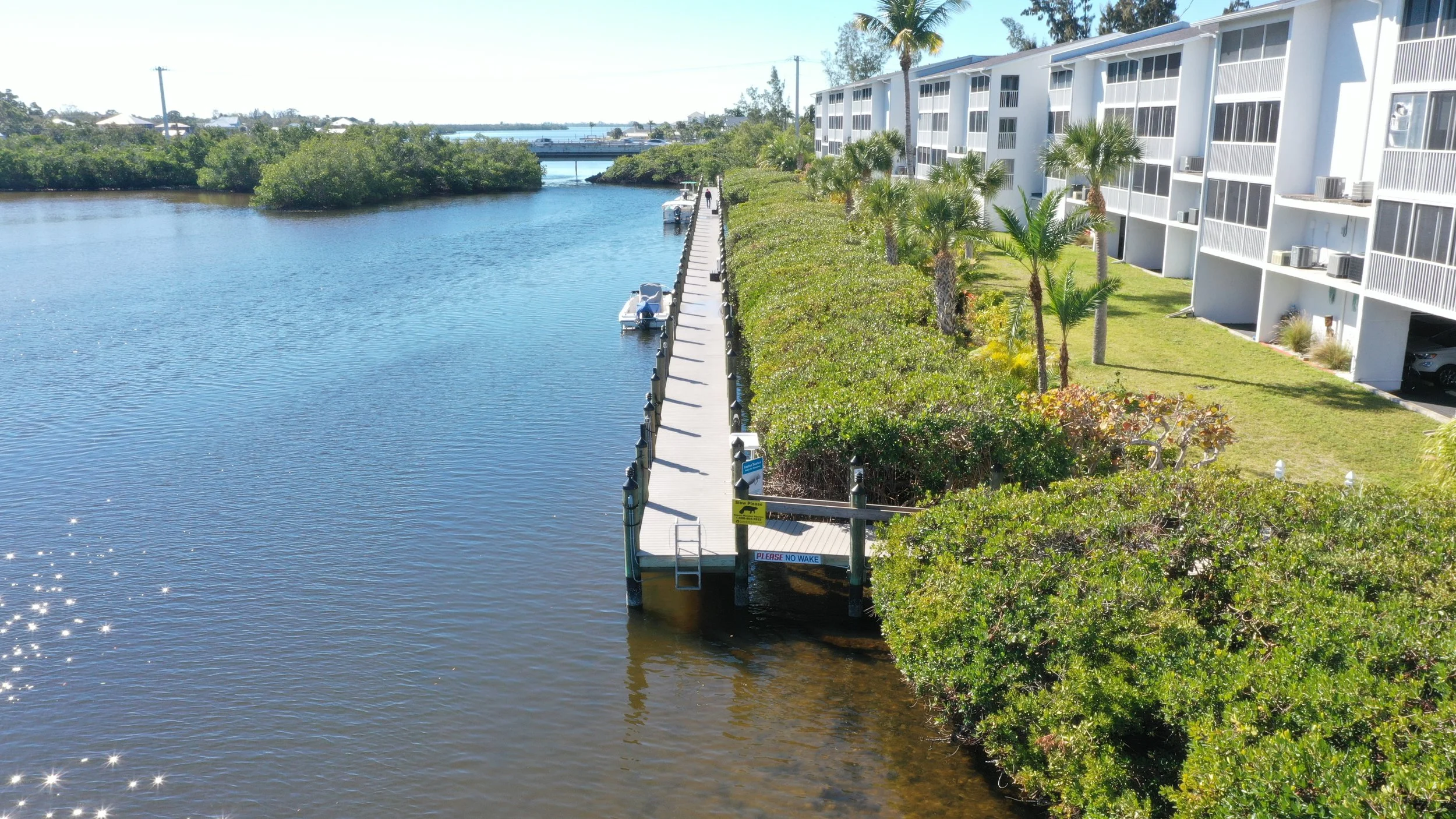 A wooden dock extending over calm water next to a landscaped area with palm trees and shrubs, with a building complex in the background, under a clear blue sky.