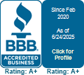 BBB accreditation badge with a blue torch logo and ratings A+ and A.