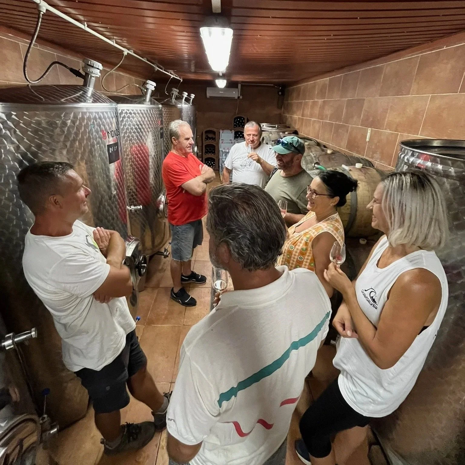 Skupina ľudí vo vinárstve, zhromaždená okolo veľkých nerezových nádrží s pohárom vína v ruke.