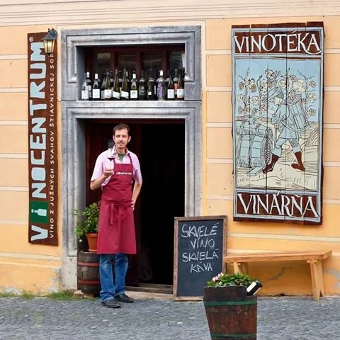 Muž stojí pri vchode do vinotéky, má na sebe ružovú zásteru a v ruke drží pohár červeného vína. Nad dverami sú vystavené fľaše vína a vonku je tabuľa s nápisom. Na stene vpravo je farebný nápis Vinoteka ViNCENTRUM. 