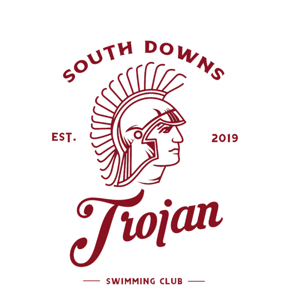 Logo for South Downs Trojan Swimming Club, established in 2019, featuring a stylized Trojan helmet with a woman's profile.