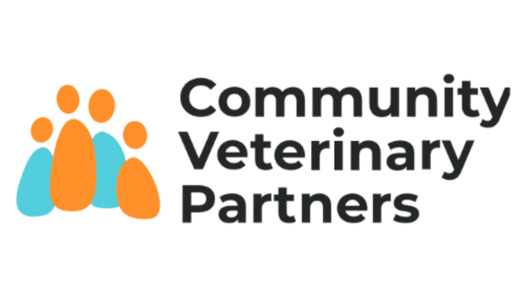 Logo of Community Veterinary Partners with stylized orange, teal, and blue icons of animals and the name in black text