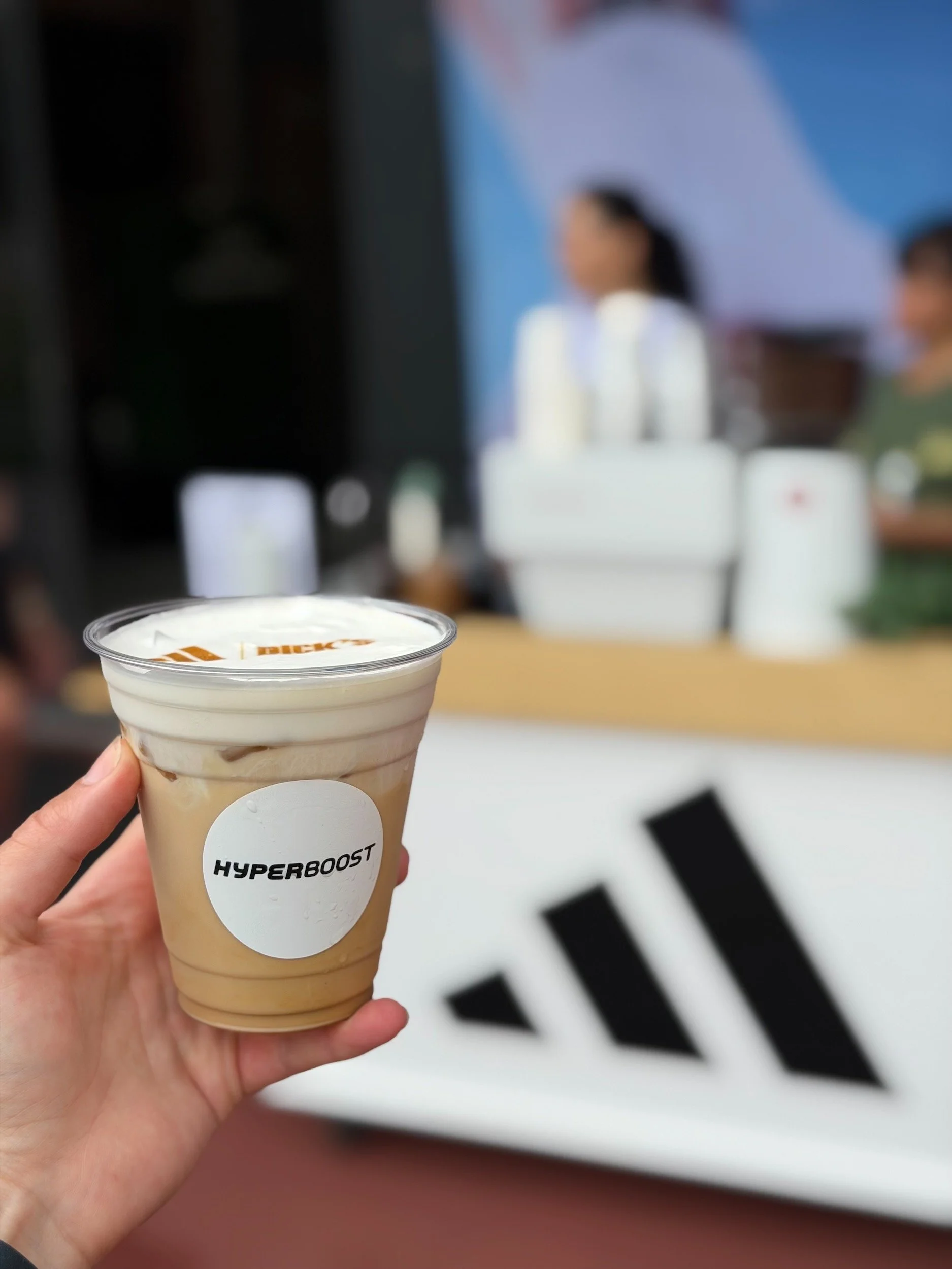 Custom 'Hyperboost' branded iced coffee from The Coffee Cart's Adidas activation at Dick's House of Sport in Knoxville.