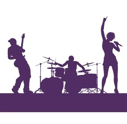Silhouettes of three musicians performing on stage: a guitarist, a drummer, and a singer, all in energetic poses.