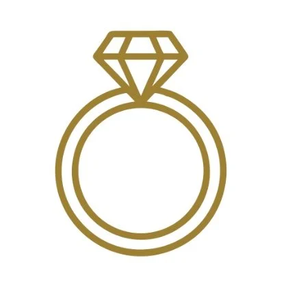Gold outline of a diamond ring with a large gemstone on top.