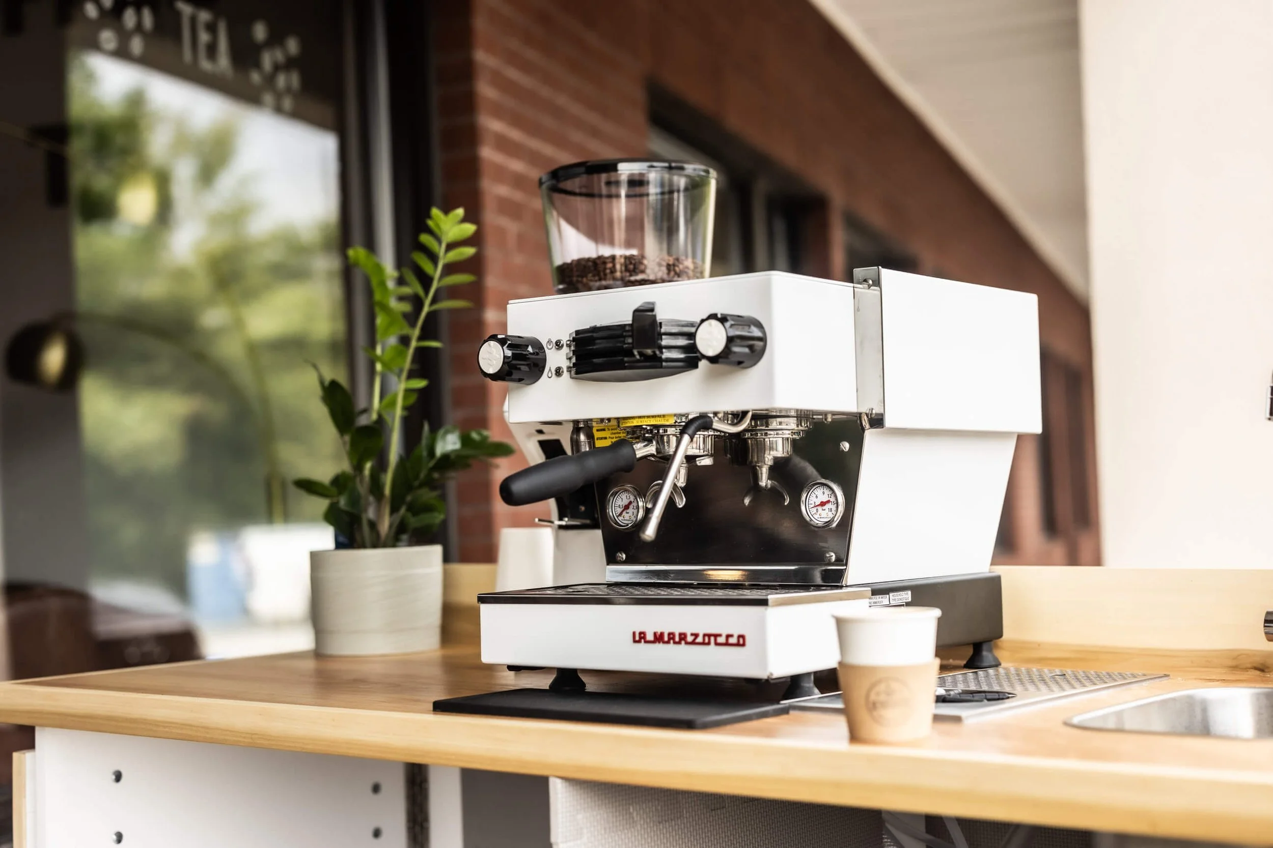 A white La Marzocco espresso machine on a wooden countertop with a small cup in front and potted plant nearby, inside a cafe with a window and brick wall in the background.