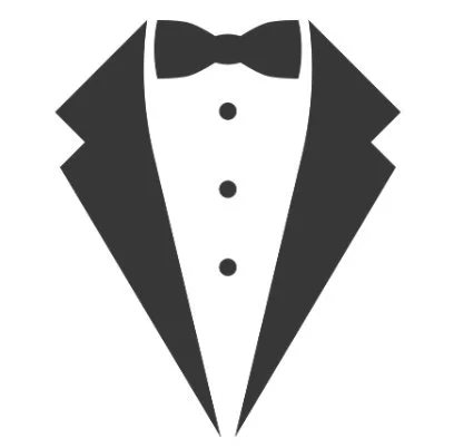 Silhouette of a tuxedo with a bowtie and dress shirt.