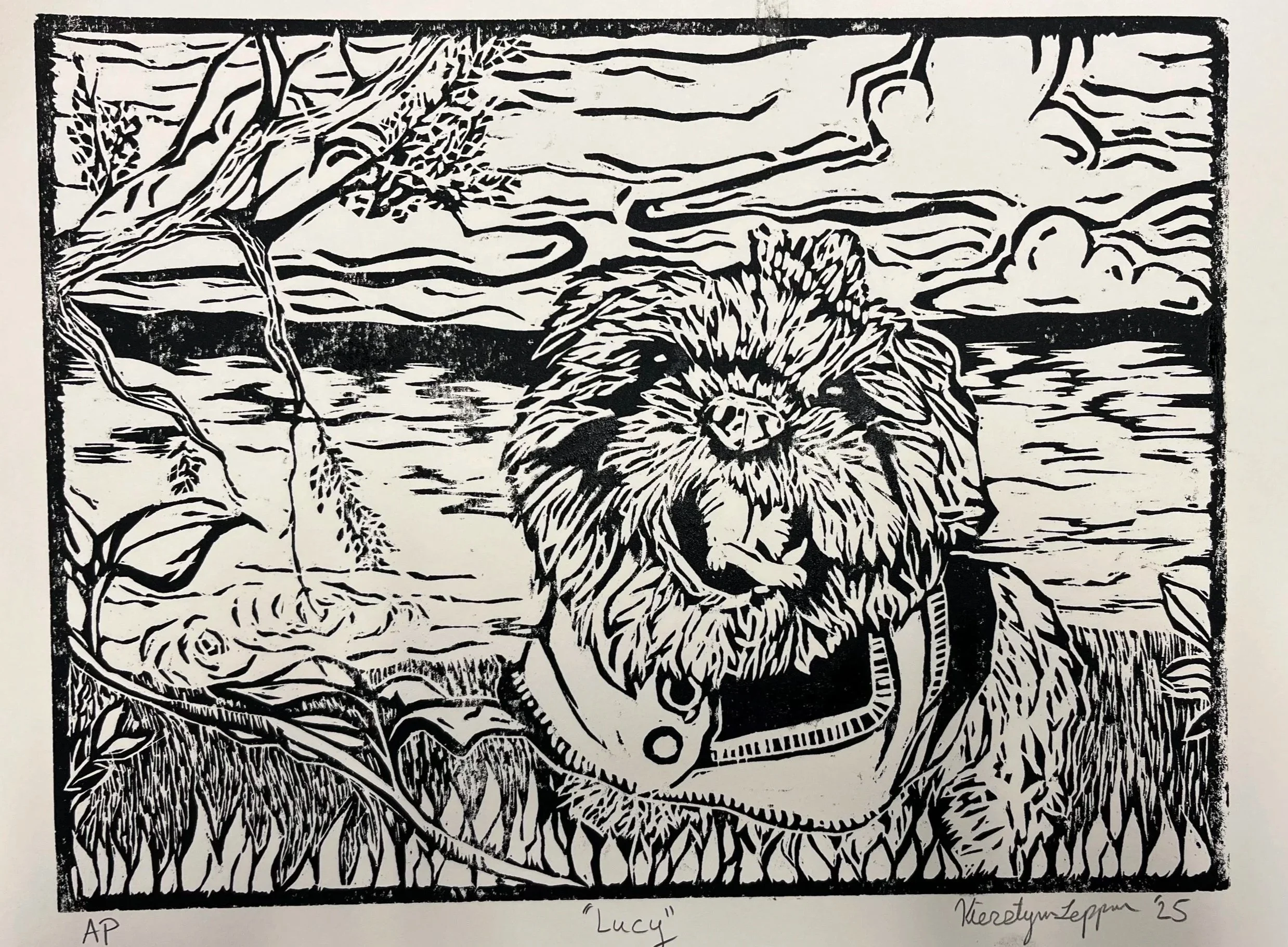 Black Line Print - continuing practice in wood carving, creating an outdoor scene with an animal into a birch wood panel then inking and printing.