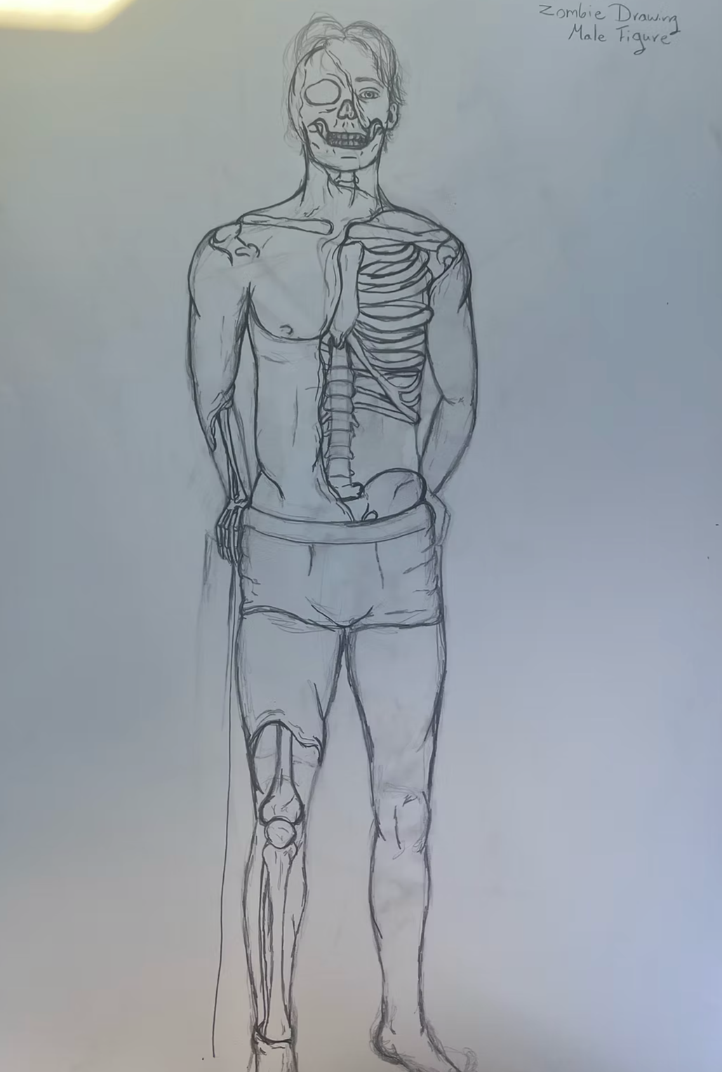 Male Zombie Drawing -  Rendering the figure  combined with parts of the skeletal structure for more detail and practice.