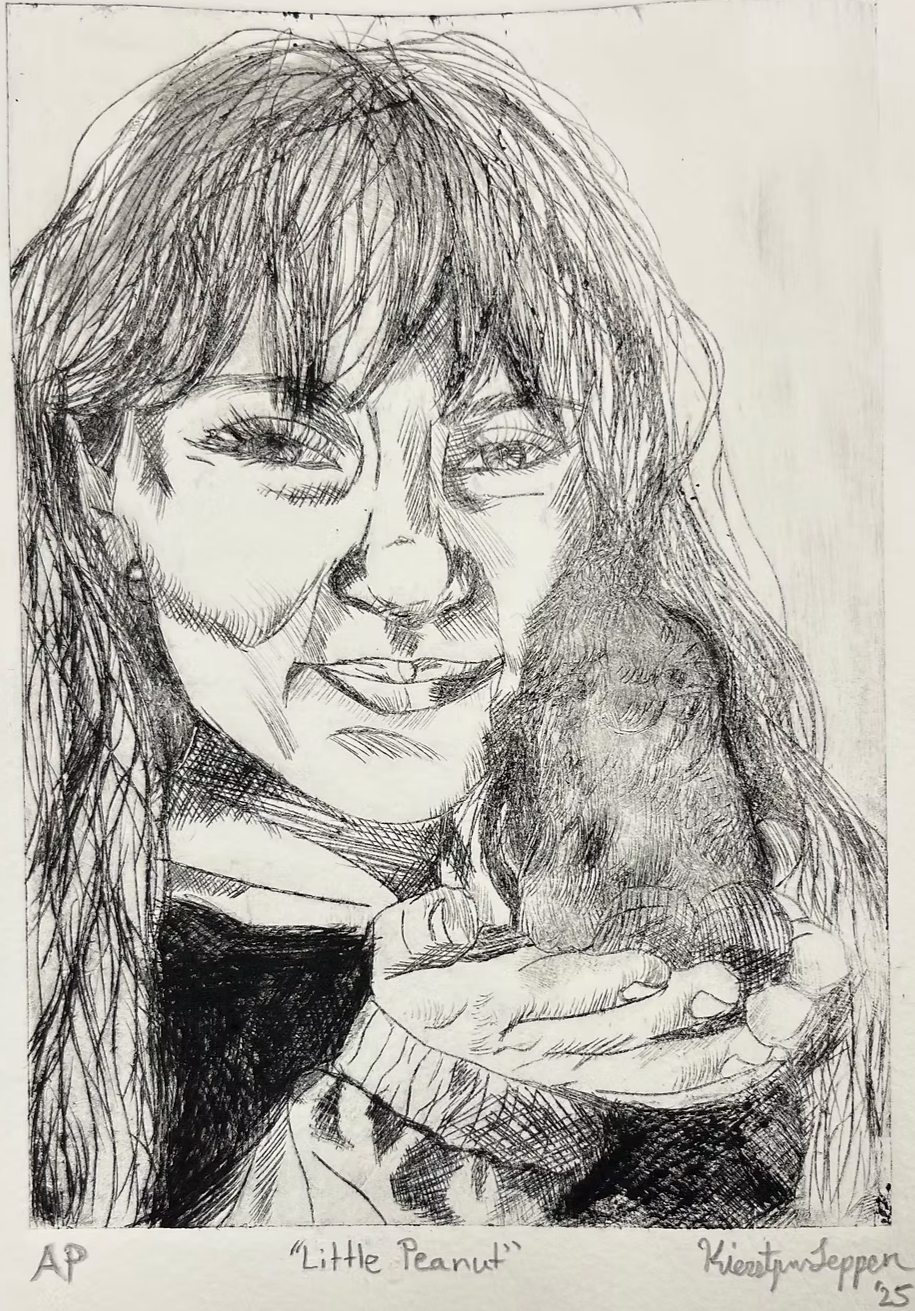 Drypoint Etching Print - Learning how to etch into plexiglass following the basics of inking and printing a print to create a self portrait.